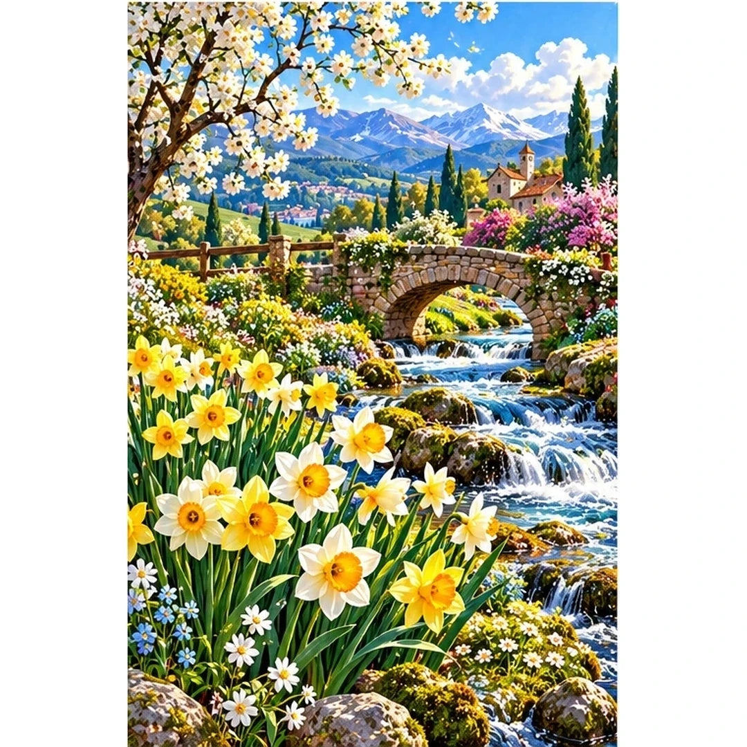 Daffodil Stream Spring Bridge — original artwork on a clean white background