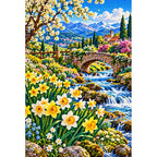 Daffodil Stream Spring Bridge — finished diamond painting on a white background