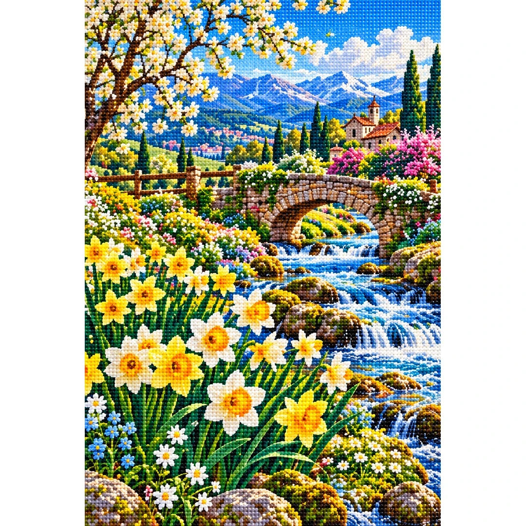 Daffodil Stream Spring Bridge — finished diamond painting on a white background