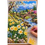 Daffodil Stream Spring Bridge — diamond painting process with applicator pen