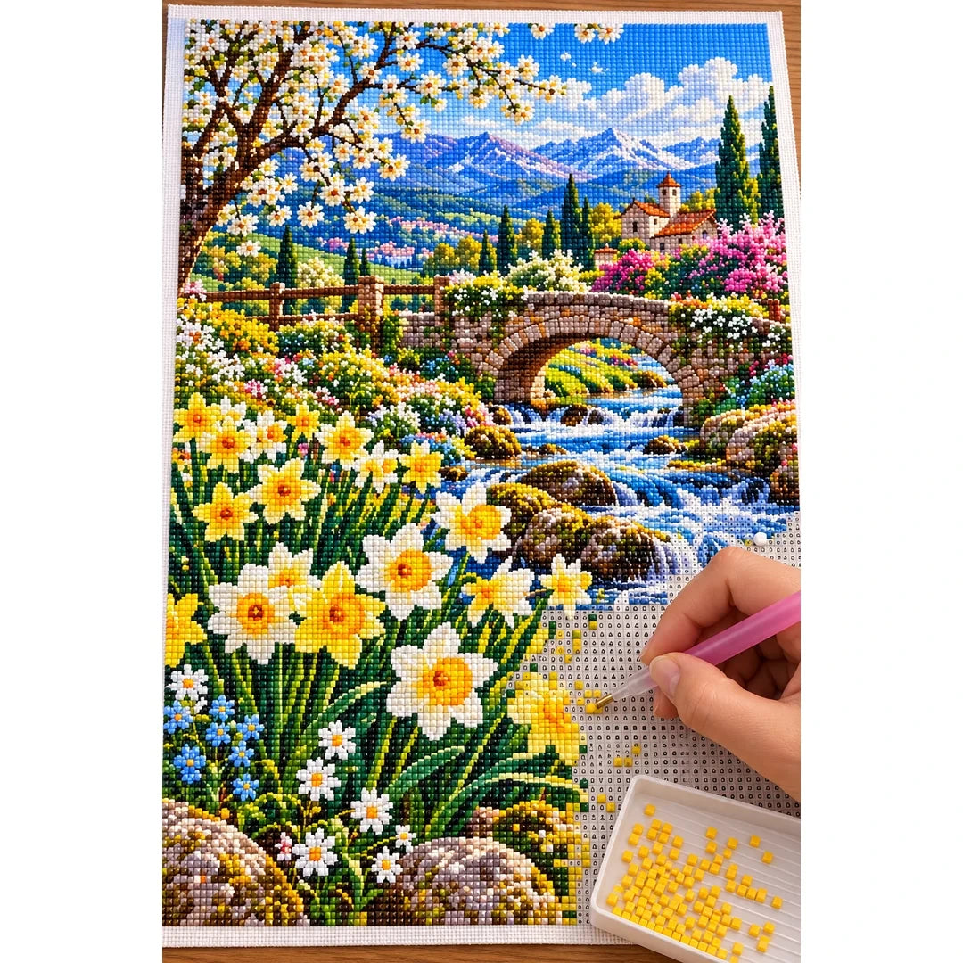 Daffodil Stream Spring Bridge — diamond painting process with applicator pen