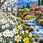 Daffodil Stream Spring Bridge — close-up canvas and resin drill detail