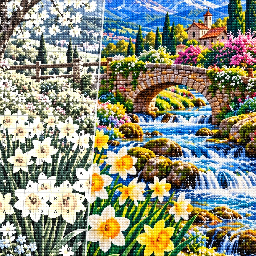 Daffodil Stream Spring Bridge — close-up canvas and resin drill detail