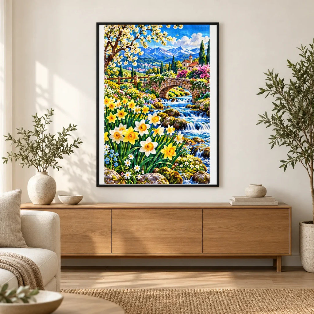 Daffodil Stream Spring Bridge — finished diamond painting displayed in a home interior