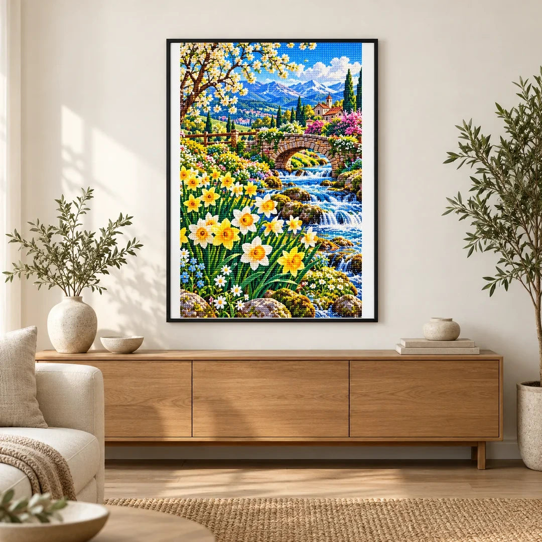Daffodil Stream Spring Bridge — finished diamond painting displayed in a home interior