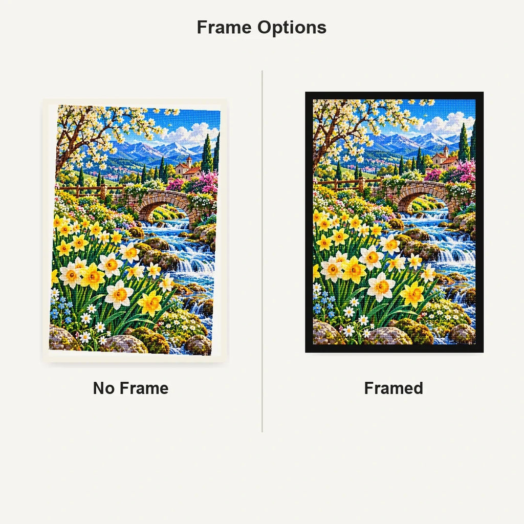 Daffodil Stream Spring Bridge — No Frame and Framed style comparison