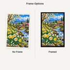 Daffodil Stream Spring Bridge — No Frame and Framed style comparison