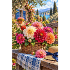 Dahlia Basket Rustic Bench — original artwork on a clean white background