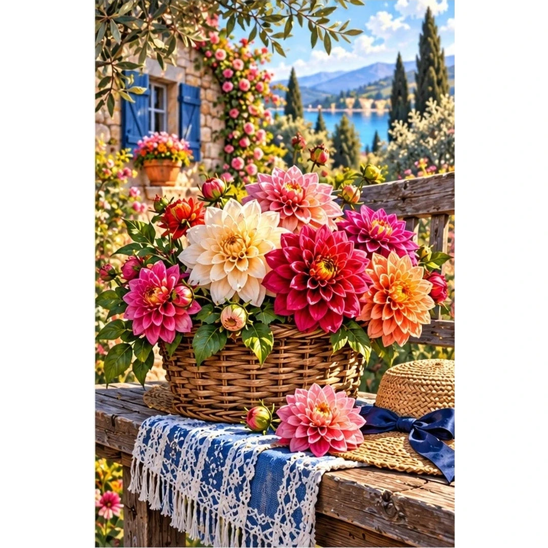 Dahlia Basket Rustic Bench — original artwork on a clean white background