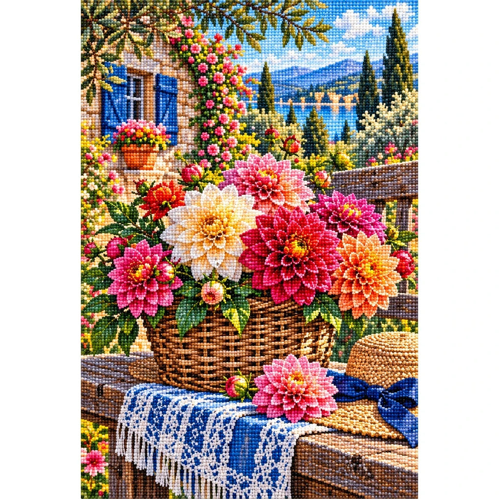 Dahlia Basket Rustic Bench — finished diamond painting on a white background