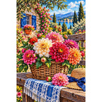 Dahlia Basket Rustic Bench — finished diamond painting on a white background