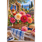 Dahlia Basket Rustic Bench — diamond painting process with applicator pen