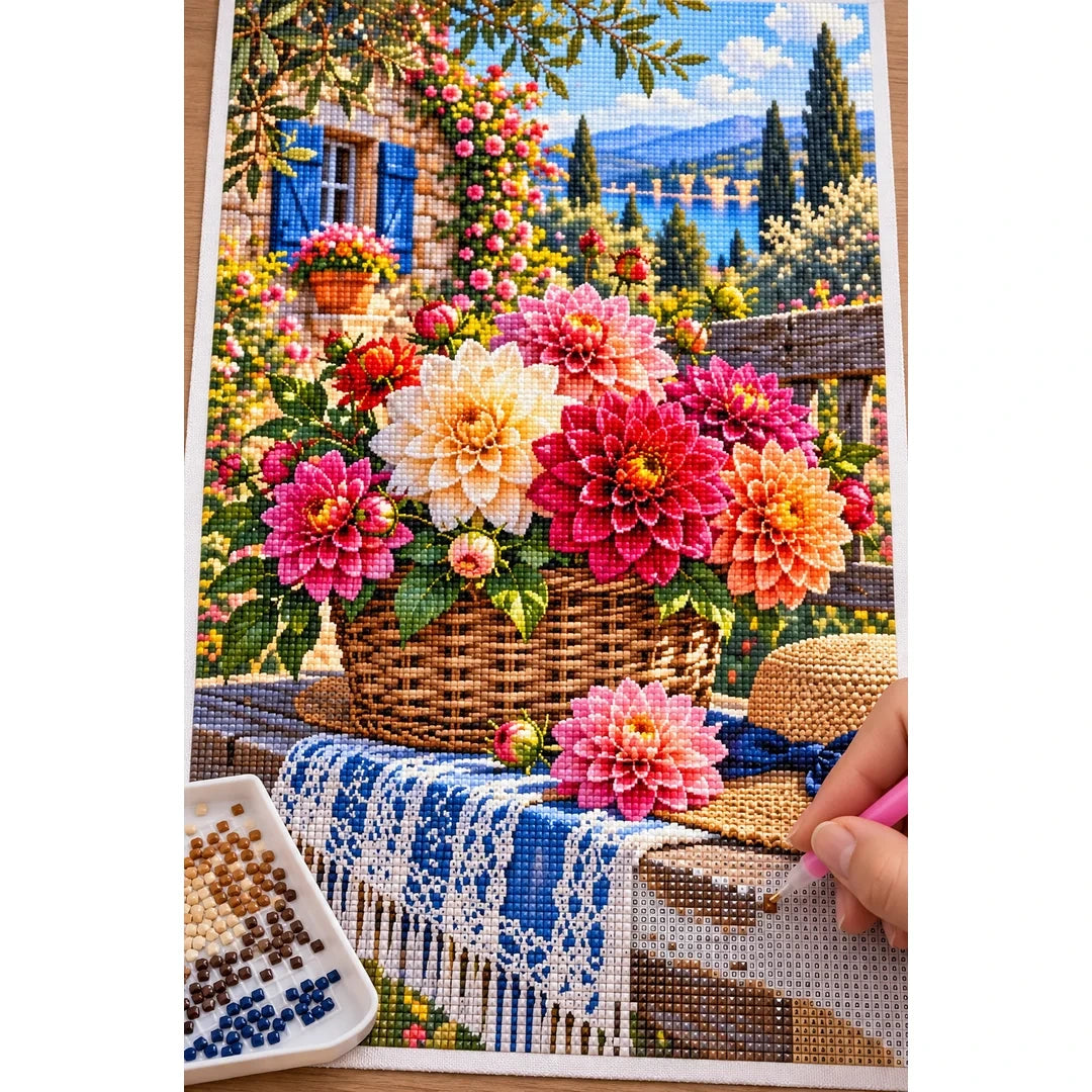 Dahlia Basket Rustic Bench — diamond painting process with applicator pen