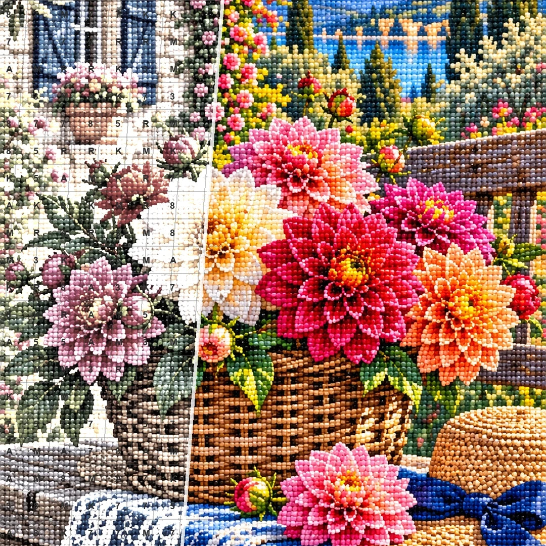 Dahlia Basket Rustic Bench — close-up canvas and resin drill detail