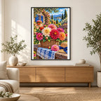 Dahlia Basket Rustic Bench — finished diamond painting displayed in a home interior