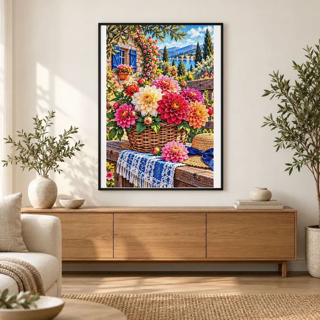 Dahlia Basket Rustic Bench — finished diamond painting displayed in a home interior