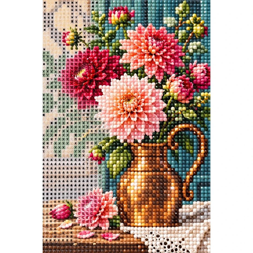 Dahlia Rose Copper Vase Diamond Painting Kit diamond and canvas detail