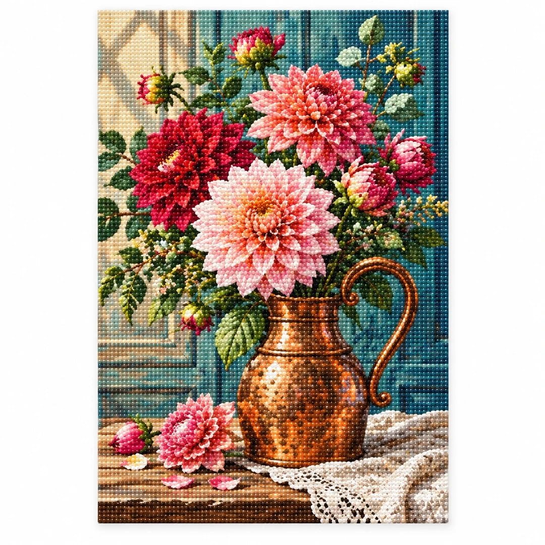 Dahlia Rose Copper Vase Diamond Painting Kit finished diamond artwork on white background