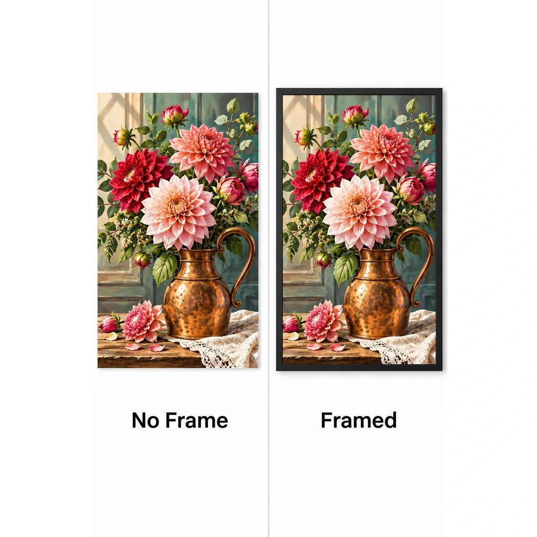 Dahlia Rose Copper Vase Diamond Painting Kit No Frame and Framed comparison