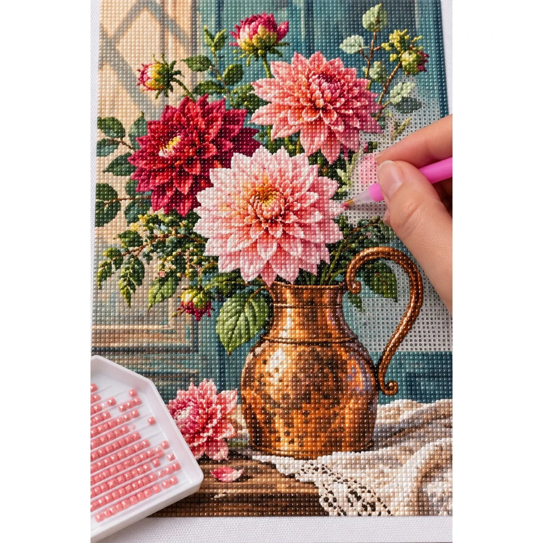 Dahlia Rose Copper Vase Diamond Painting Kit diamond placement process