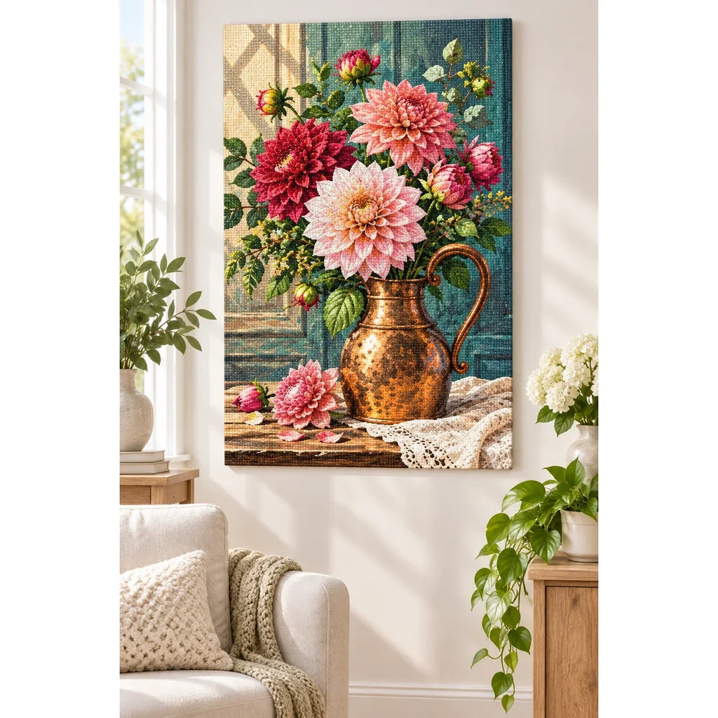 Dahlia Rose Copper Vase Diamond Painting Kit home decor scene