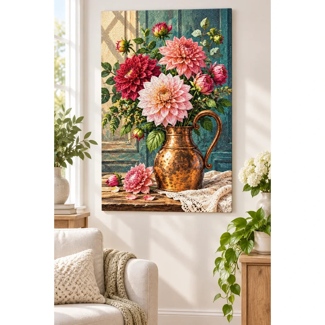 Dahlia Rose Copper Vase Diamond Painting Kit home decor scene
