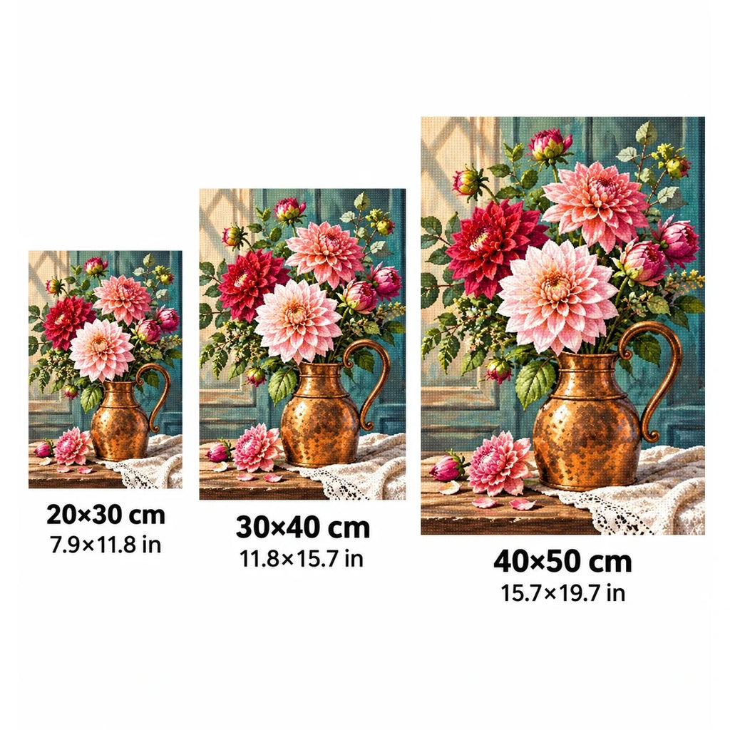 Dahlia Rose Copper Vase Diamond Painting Kit size guide