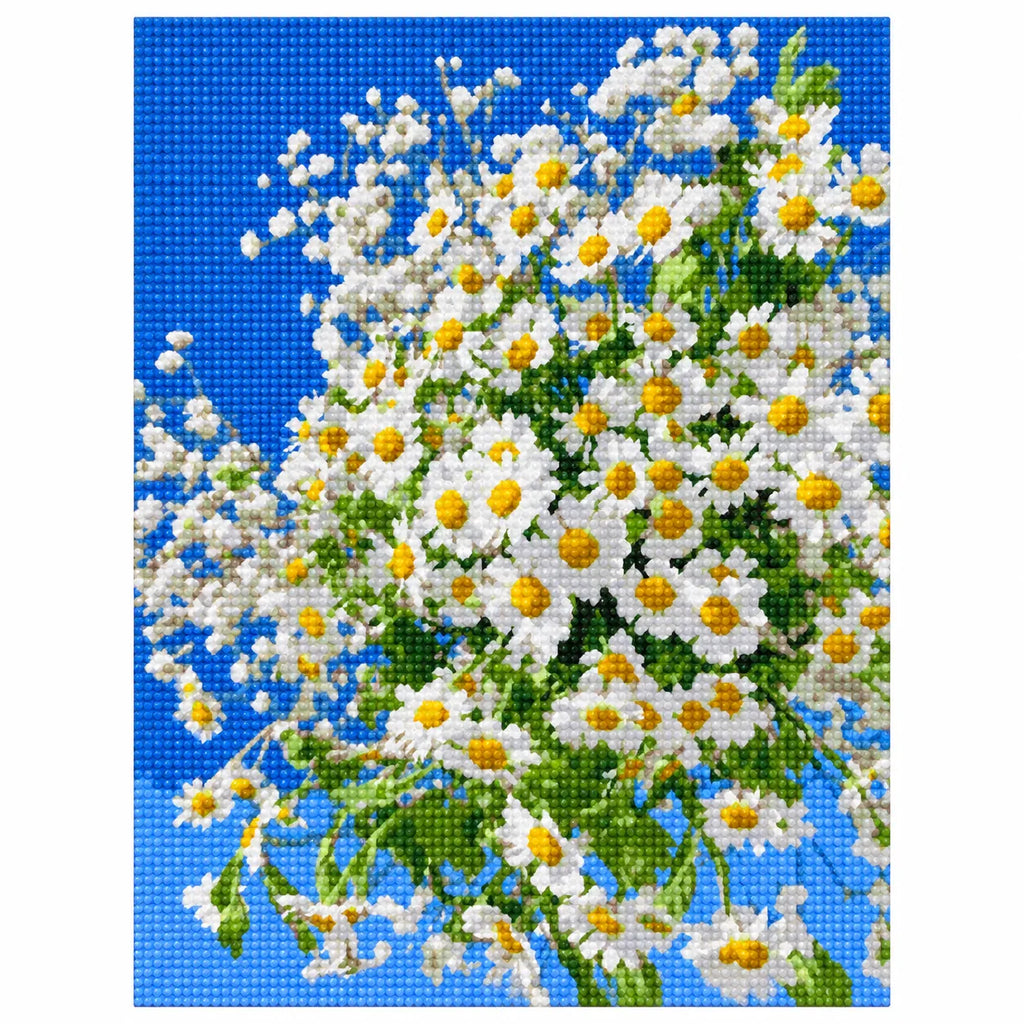 White-background finished diamond painting of Sunny Daisy Cascade