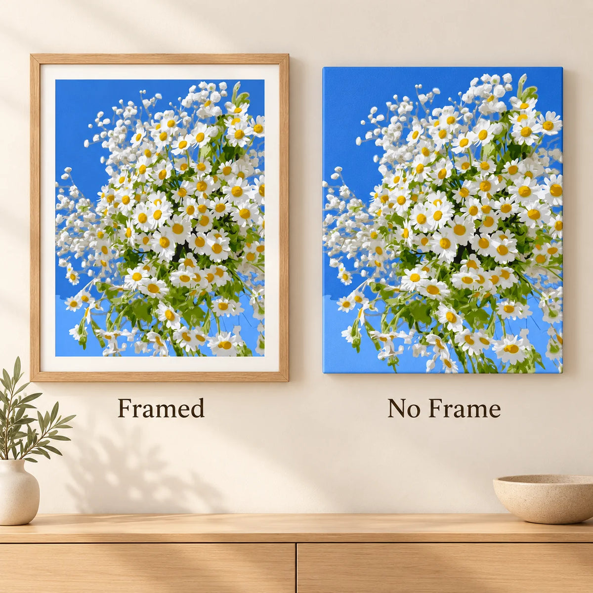 Framed and no-frame comparison for Sunny Daisy Cascade