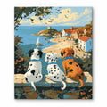 Dalmatian Friends by the Sea paint by numbers artwork on a front-facing canvas against a white background