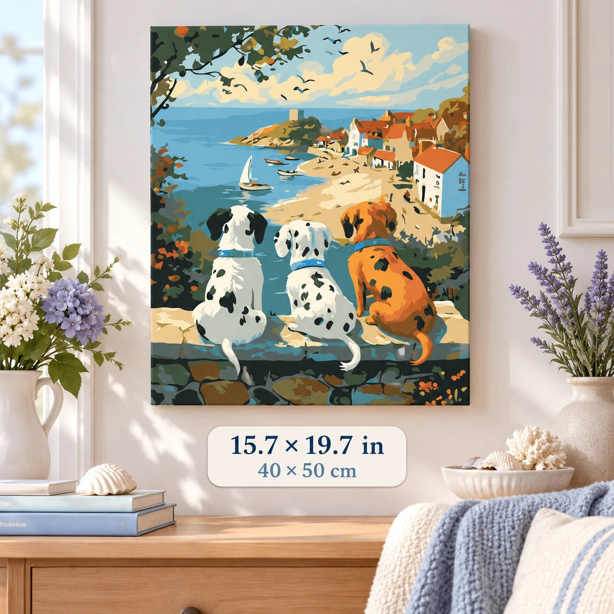 Dalmatian Friends by the Sea shown in a styled room with 15.7 x 19.7 in and 40 x 50 cm dimensions