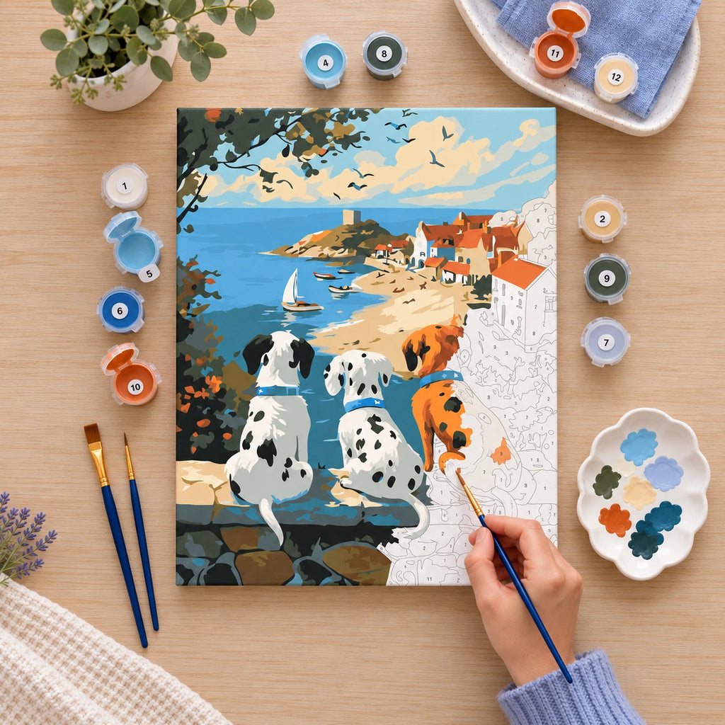 Complete Dalmatian Friends by the Sea numbered canvas being painted with acrylic paints and brushes
