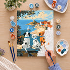 Complete Dalmatian Friends by the Sea numbered canvas being painted with acrylic paints and brushes