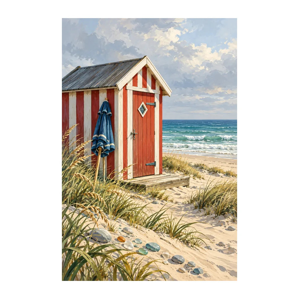 White-background original artwork of danish beach hut with seaglass
