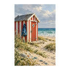 White-background finished diamond painting of danish beach hut with seaglass