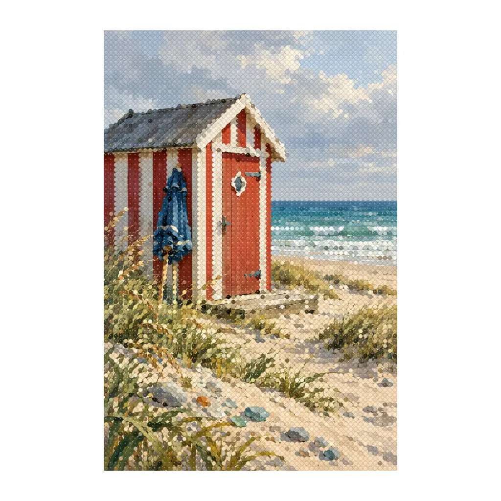 White-background finished diamond painting of danish beach hut with seaglass