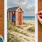 Hands placing drills on the danish beach hut with seaglass diamond painting canvas