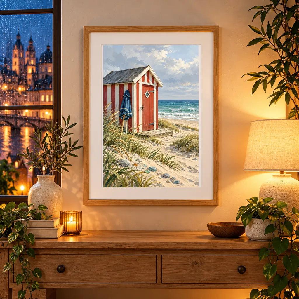 Framed home display of the danish beach hut with seaglass diamond painting