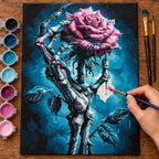 Complete Dark Rose Hand numbered canvas being painted with acrylic paints and brushes