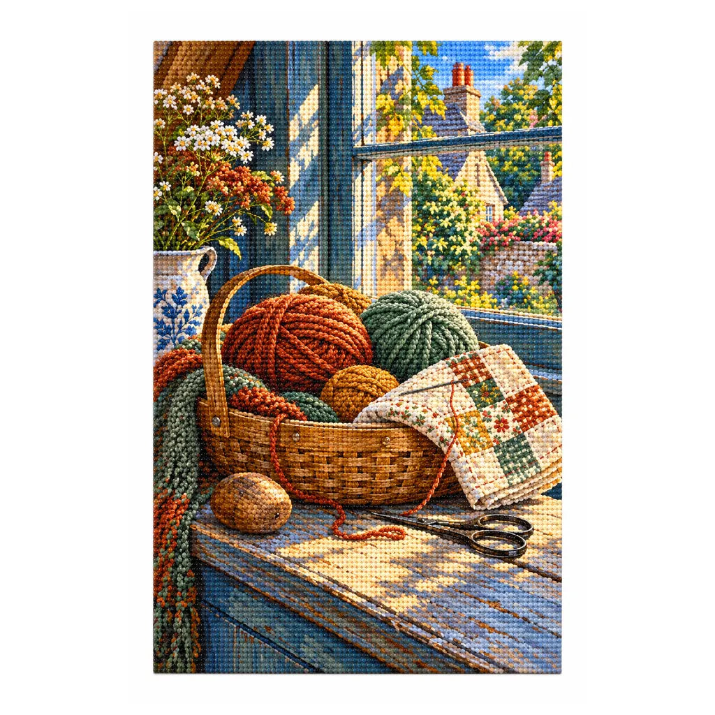 Finished white-background diamond painting of a yarn basket and sewing tools beside an attic window