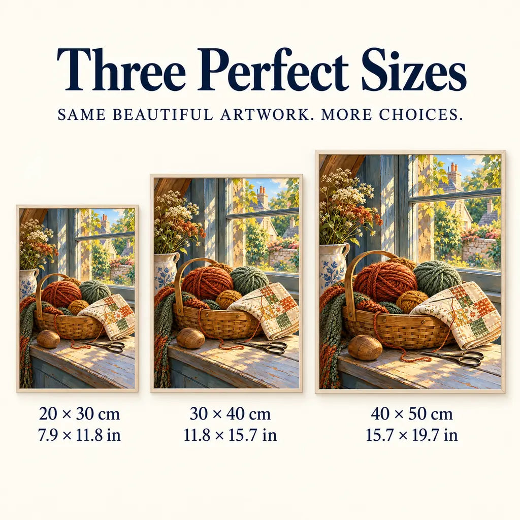 Darning basket diamond painting shown in 20 by 30, 30 by 40, and 40 by 50 centimeter sizes