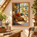 Darning basket and attic window diamond painting displayed in a home interior