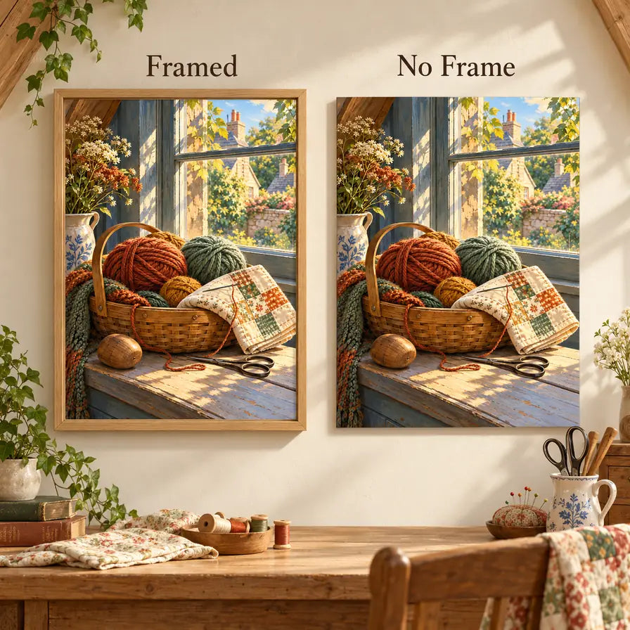 Framed and no-frame options for the darning basket attic window diamond painting