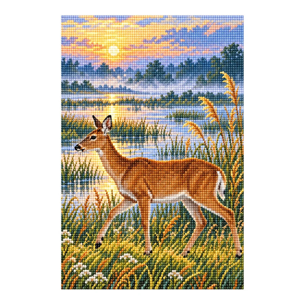 Deer at the Reed Bank Diamond Painting Kit — Finished white-background diamond painting