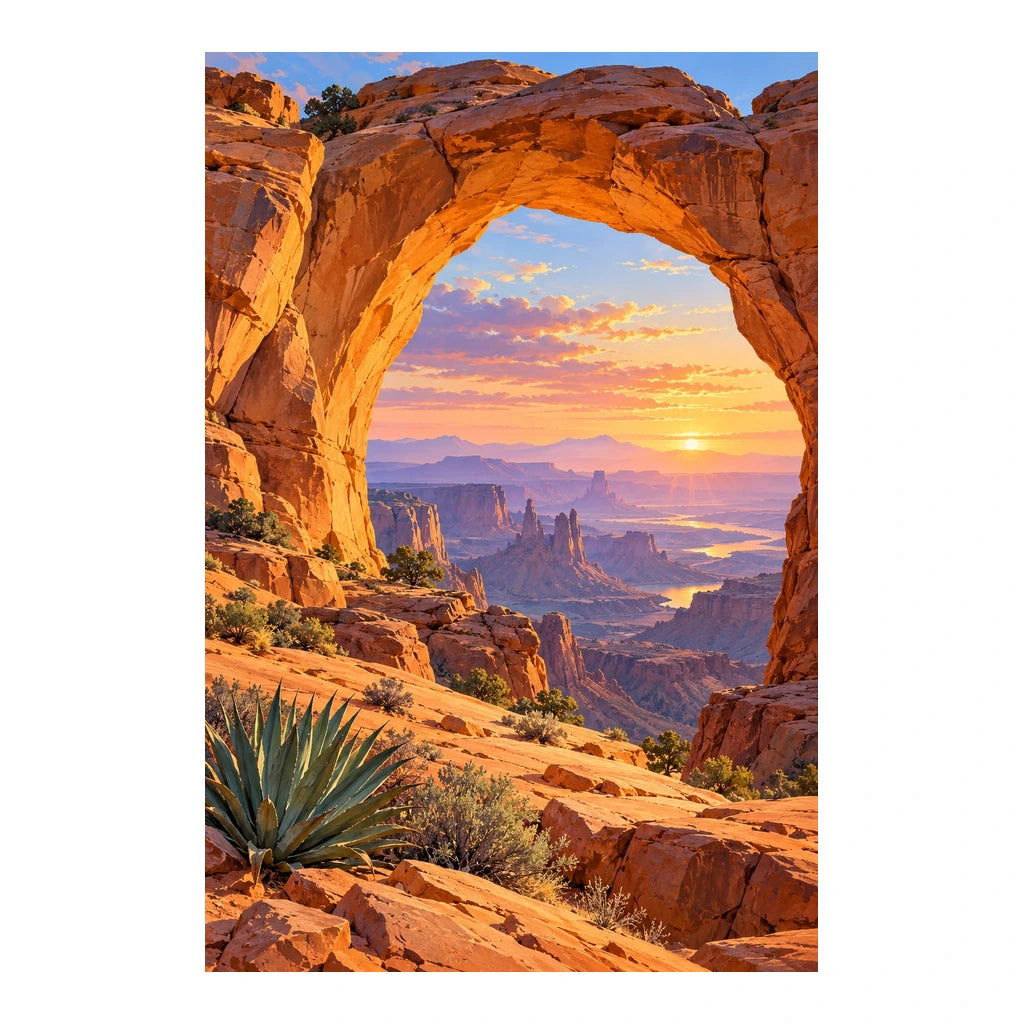 Original white-background artwork of a desert sandstone arch at dawn