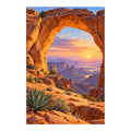 Original white-background artwork of a desert sandstone arch at dawn