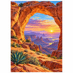 Finished diamond painting of a sandstone desert arch framing a colorful sunrise