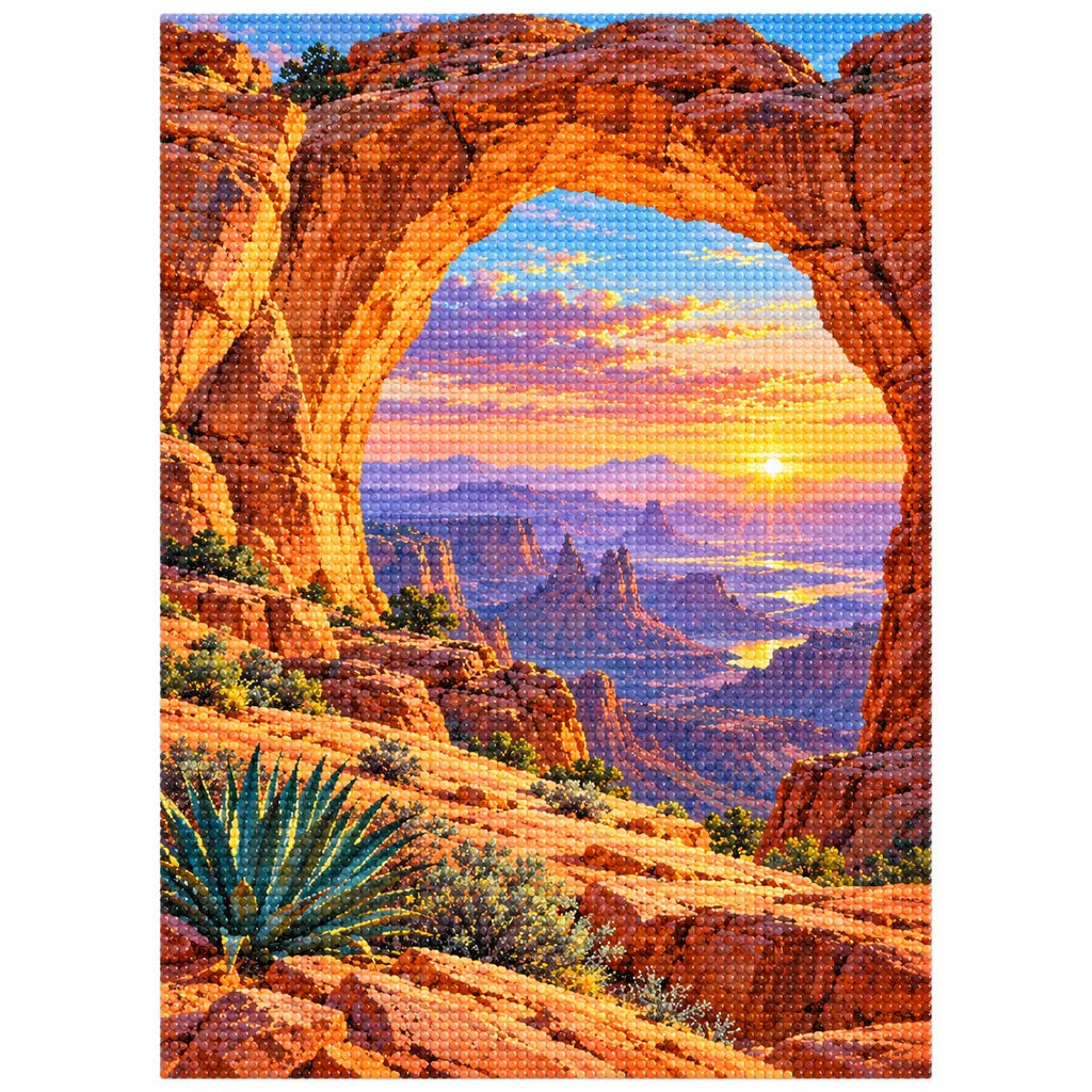 Finished diamond painting of a sandstone desert arch framing a colorful sunrise