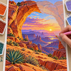 Hands placing drills on the desert arch dawn diamond painting canvas