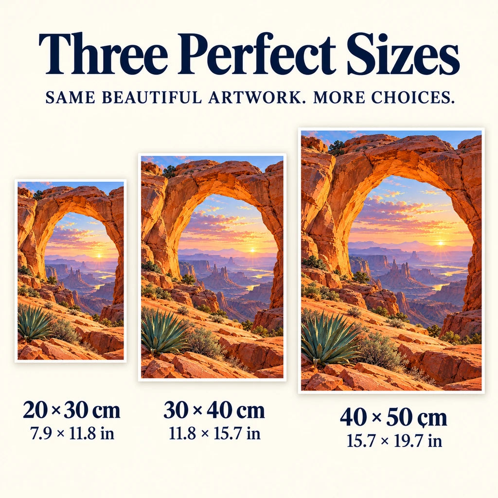 Desert arch dawn diamond painting in 20 by 30, 30 by 40, and 40 by 50 centimeter sizes